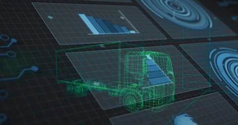 HUD panels sliding in, green wireframe truck static, blue triangle settling, Stock Footage 329910836