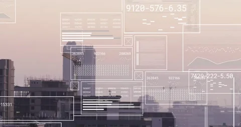 HUD panels spawning over skyline, filling data bars, grouping near tower to Stock Footage 321979235