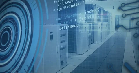 On HUD pulse, server racks staying still while HUD rings pulsing, code scrolling Stock Footage 322220886