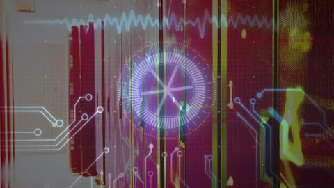 HUD pulsing and rotating by dot appearing syncing waveform drawing circuits Stock Footage 332641940
