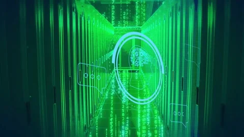HUD pulsing, causing chat icons and binary rain cascading aisle, camera dollying Stock Footage 335465692