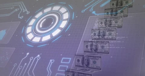 HUD pulsing, causing panels fading and scrolling across rising money steps, 스톡 동영상 329504986