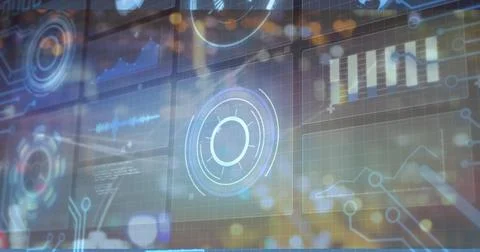 HUD pulsing via central circular widget, animating bar chart and waveform for Stock Illustration
