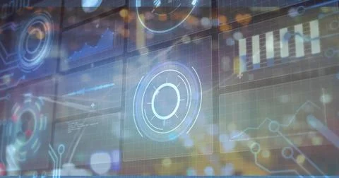 HUD pulsing via central circular widget, animating bar chart and waveform for Stock Illustration