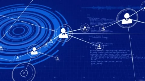 HUD pulsing, central user-avatar emerging and centering, linking nodes and Stock Footage 331198108