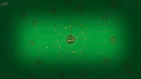 HUD pulsing on ping, extending links, lighting nodes, showing network flow on Stock Footage 333907614