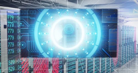 HUD pulsing, starting scan, racks flashing numbers and prints, globe Stock Footage 328330577