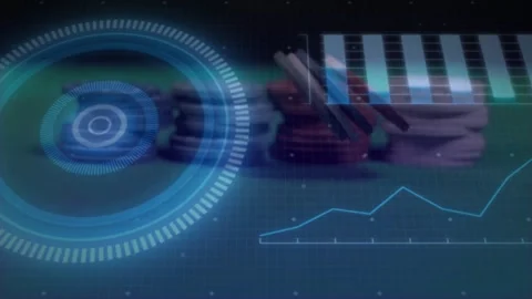 HUD pulsing while pointer sweeping, causing discs turning and line chart rising Stock Footage 329454701