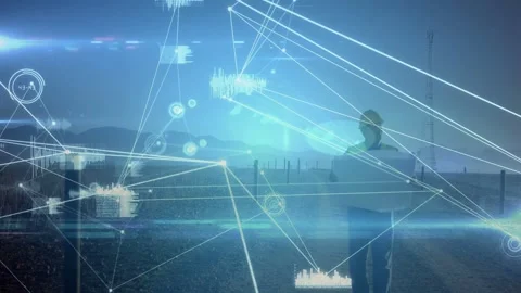 HUD ramping and sweeping, engineer walking to turbine, checking plans as Stock Footage 332625405