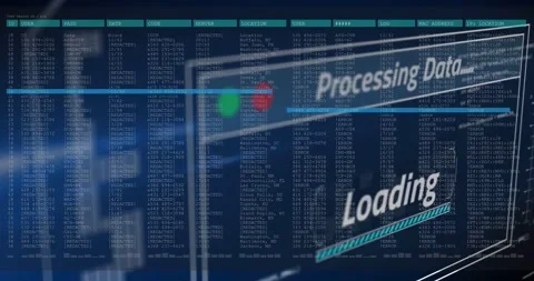 HUD receiving dataset, advancing loading bar, scanning alphanumeric columns for Stock Footage 331833352