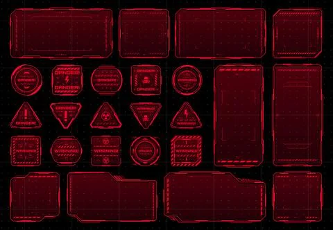 HUD red warning frames, futuristic screen borders Stock Illustration