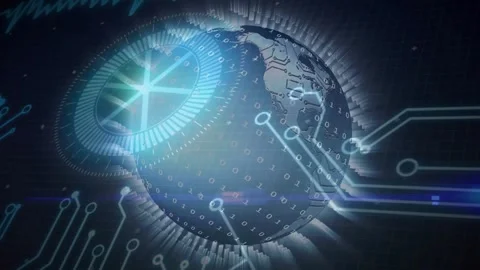 HUD ring appearing globe rotating, circuits sweeping in and nodes moving into Stock Footage 328223910