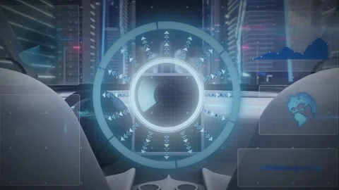 HUD ring projecting, rotating and scanning cockpit, showing vehicle tech blue Stock Footage 330330885