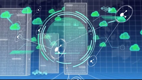 HUD ring pulsing and rotating, central servers spawning clouds and forming Stock Footage 334788387
