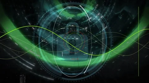 With HUD rings closing, lock icon emerging and centering while waveform Stock Footage 335740027