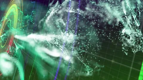 HUD rings pulsing rotating causing particle cloud pushing stretching rightward Stock Footage 334185092