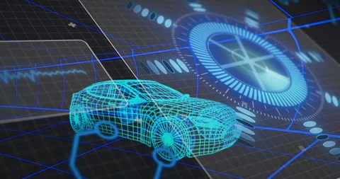 HUD rings spinning and waveform shifting under cyan car after grid initiation Video stock 312467000