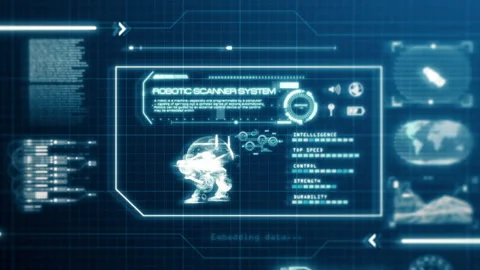 HUD Robot Scanning System ability user interface computer screen display with Stock Footage 151284449