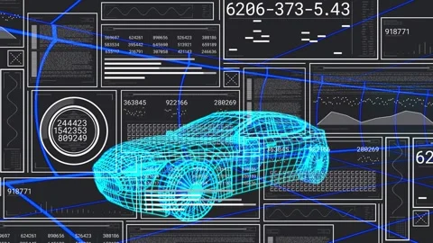 HUD running auto check, cyan wireframe car holding center while data panels and Stock Footage 332404949
