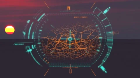 HUD Satellite Interface Overlay on Desert Planet Sunset Stock Footage 343701495