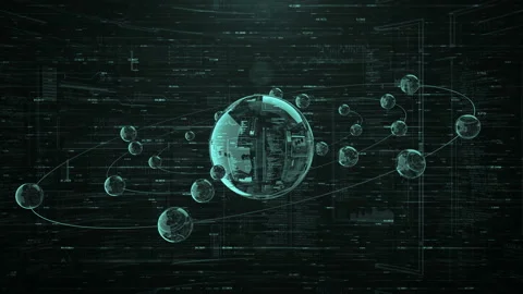 HUD spheres rotating around digital techno sphere.Futuristic Satellite. Stock Footage 102361692