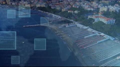HUD squares fading from left, drifting and settling over shore, showing resort Stock Footage 333789978