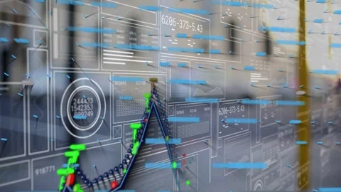 HUD starting with blue ticks, wireframes forming, spline and zigzag graphs Video stock 323118991