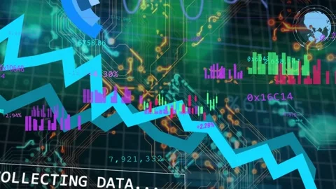 HUD starting when COLLECTING DATA appearing charts scrolling, zigzag falling, Stock Footage 335466028