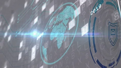 HUD sweep revealing teal globe, globe rotating while HUD rings showing years, Stock Footage 332591940