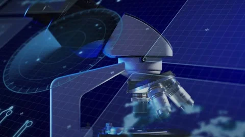 HUD sweep starting scope rotating turret, lenses lowering onto slide, camera Stock Footage 335317099
