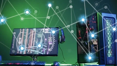 HUD switching to SWITCHING VIEW then glowing nodes emerging and linking, showing Stock Footage 335465541