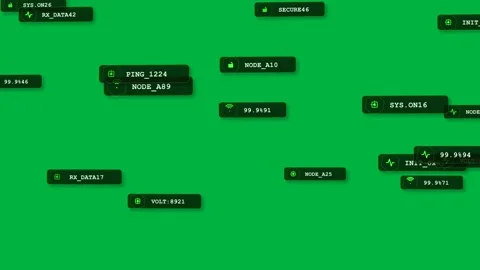HUD tags spawning from node updates on transparent backdrop, clustering, pulsing 스톡 동영상 333907884
