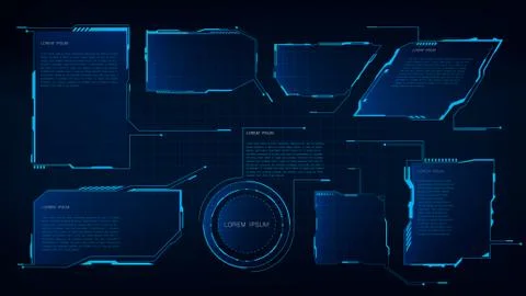 Hud tech title frame, interface. Virtual futuristic callouts grid display blue Illustrazione stock