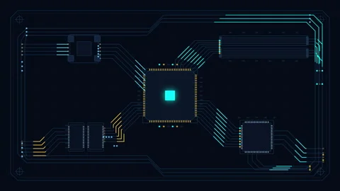 Hud technology cpu circuit animation loop with neon blue data pattern Video stock 346549298