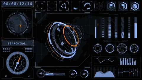 HUD technology interface screen with futuristic 3D elements graph and chat 스톡 동영상 146762584