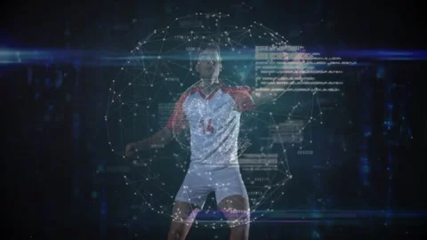 HUD text flickering, athlete shifting, stepping, jumping and striking ball to Video stock 331125785
