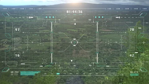 HUD UI digital panel interface aerial view flying through 4K motion Stock Footage 274325000