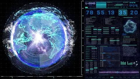 HUD UI Security Check Digital Earth Spinning. Video stock 144835279