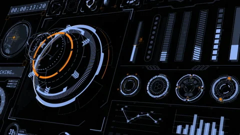 HUD UI technology interface screen with futuristic 3D elements graph and chat Stock Footage 146762504
