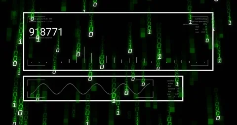 HUD updating as binary rain starts, readout jumping and graphs moving to display Stock Footage 328577062