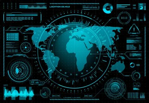 HUD user interface, world map, business data chart Stock Illustration