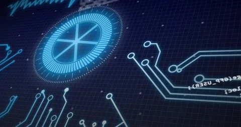 HUD wheel on load, pulsing and rotating while traces lighting and code scrolling Stock Footage 321700905