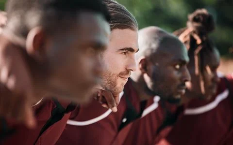 Huddle, rugby and men with commitment, game and fitness with workout, training Stock Photos