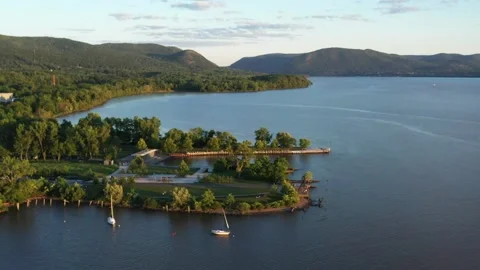 Hudson River and Tree Covered Mountains Drone Aerial View Beacon New York USA Stock Footage 159247687