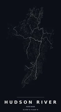 Hudson River Basin Watershed Map Line Art Dark Poster Stock Illustration