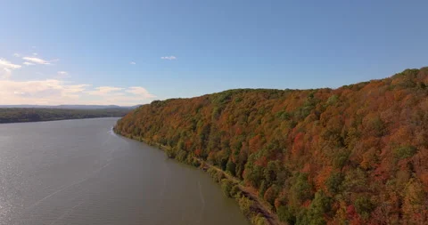 Hudson River Edge in Poughkeepsie During Autumn Stock Footage 329819867