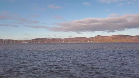 Hudson River, mountains, clouds and trees as seen from train Stock Footage 121388252