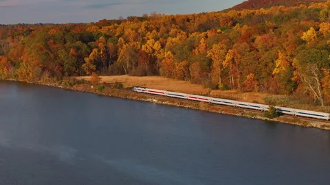 Hudson River Train Breakneck Medium Pan Stock Footage 297892326