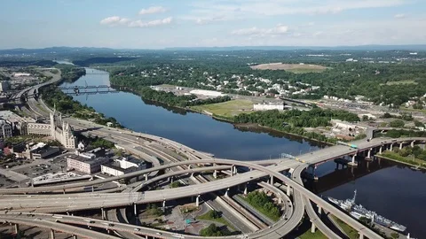 Hudson River view over the highways outside Albany NY Stock Footage 119426191