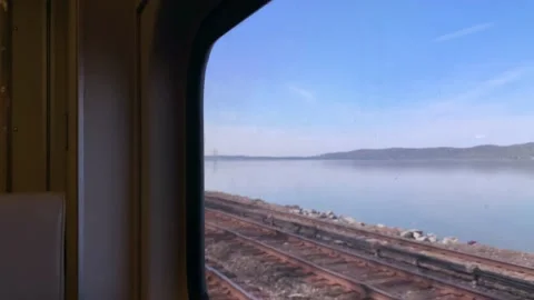 Hudson River view from the train window with blue sky Stock Footage 153558183